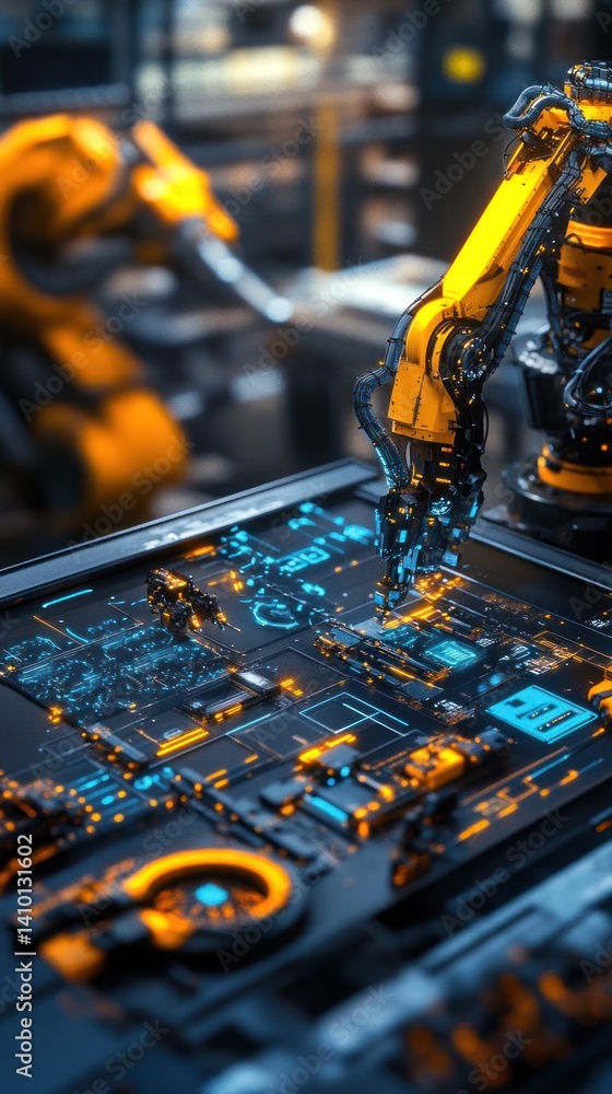 Poster advanced robotic arm assembling futuristic circuitry