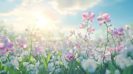 Obraz premium Delicate pink and white orchids bloom in a sunny meadow.