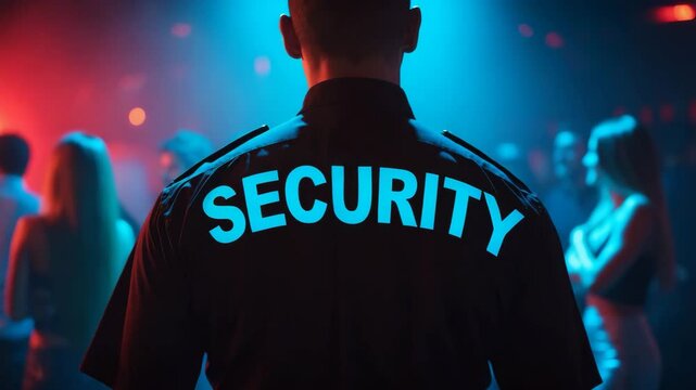 The backside of a nightclub bouncer amidst a party.
