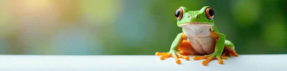Fototapeta premium Frog sitting on a white panel with large eyes , piglets, frogs
