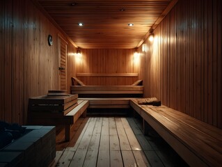 Fototapeta premium Cozy wood-paneled sauna with multilevel seating and soft steam