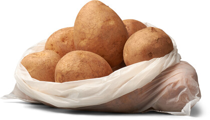 raw potatoes in plastic bag isolated white background, starchy tuberous vegetables in close-up view