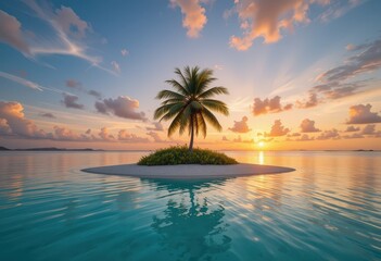 Fototapeta premium A tall, lush palm tree stands majestically at the center of a small, sandy island, surrounded by crystal-clear turquoise waters and vibrant green foliage, creating a tropical paradise.