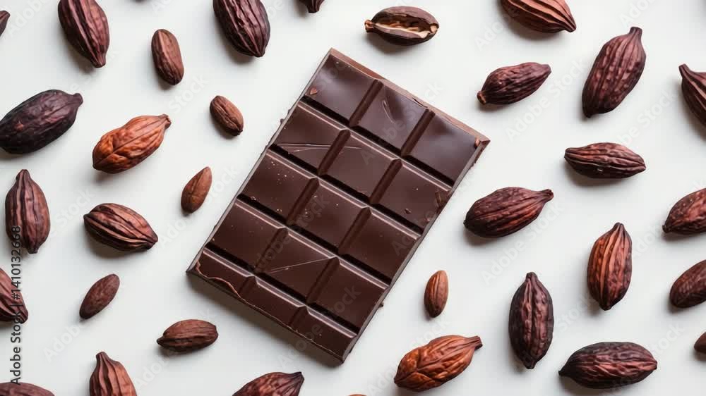 Poster isolated background featuring a dark chocolate bar and cocoa beans.