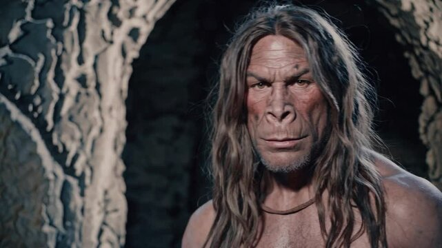 Neanderthal man wearing animal hide clothing standing in a cave