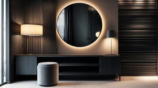 Room interior featuring a console table, stool, and mirror.