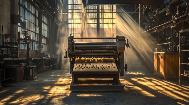 Vintage Printing Press Machine in Industrial Space with Dramatic Sunlight