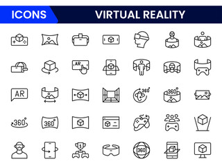 Virtual reality icon set. It contains VR, augmented reality, headset, immersive, mixed reality, AR, 360-degree, and more. Solid vector icons collection.