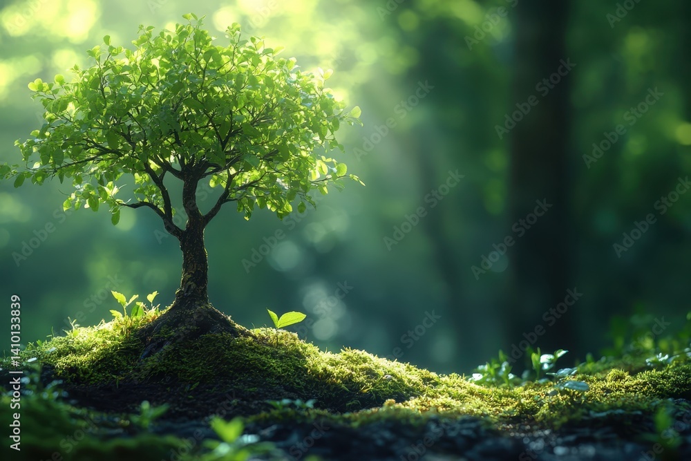 Poster a small tree stands on soft moss in a calm forest, sunlight filtering through leaves