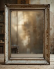 A rustic wooden table supports an elegant picture frame, showcasing a cherished photo. The frame's intricate design contrasts beautifully with the table's natural grain.