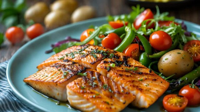 Delicious fish fillets marinated in a spicy sauce served with fresh salad and baby potatoes as a seafood starter for dinner.