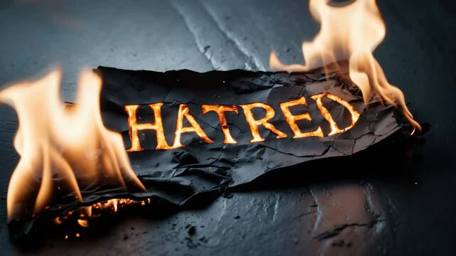 A charred piece of black paper displaying the word HATRED set against a backdrop.
