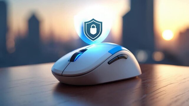 Residence showcasing a shield symbol on a wireless mouse positioned on a wooden surface with a blurred urban backdrop, Business idea of home insurance and digital safety.
