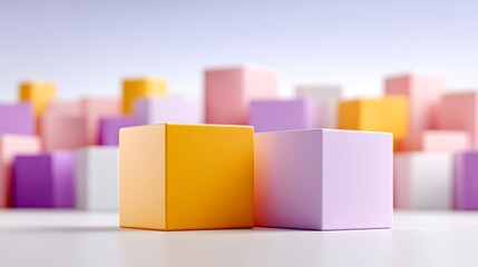 Obraz premium Two cubes of different colors are placed on a white background. The cubes are arranged in a way that they look like they are part of a larger structure. The colors of the cubes are yellow and pink