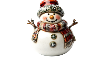 Cheerful snowman standing alone on white background for winter concept