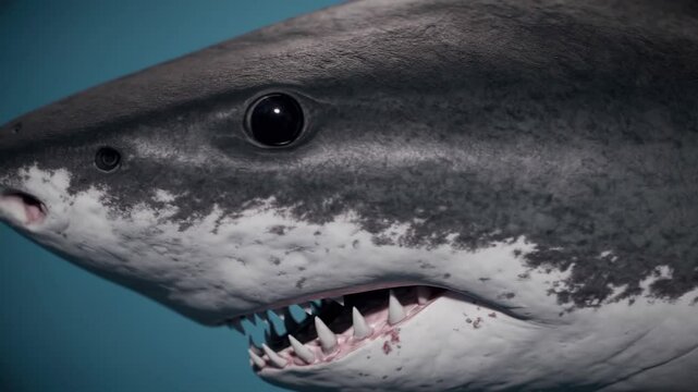 Close-up of a great white shark against a uniform blue background