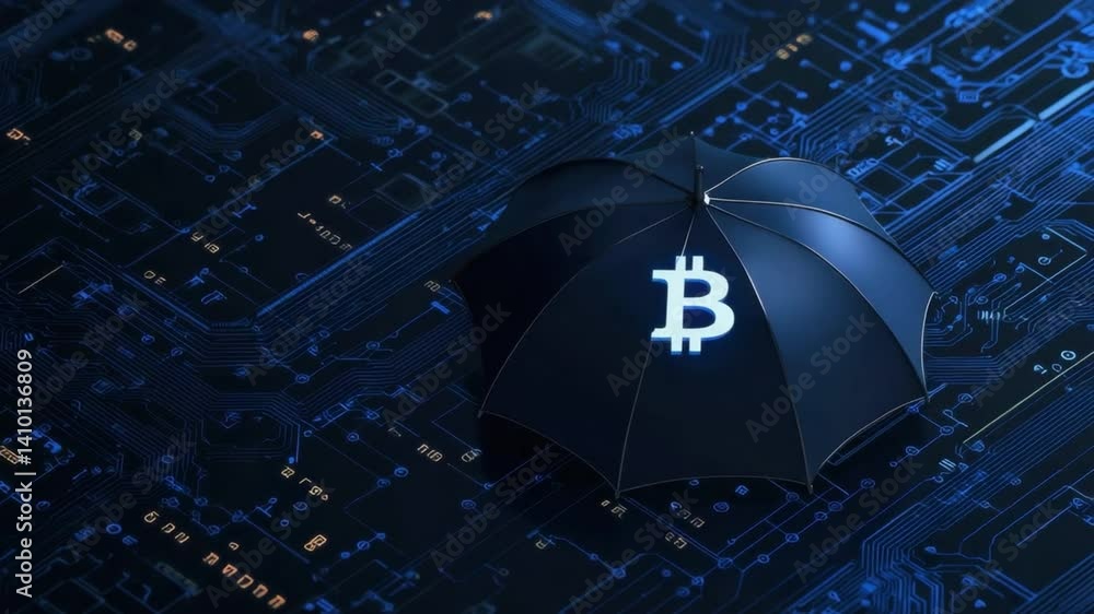 Aufkleber digital umbrella with bitcoin symbol on circuit board background representing cryptocurrency protect
