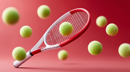 Tennis racket with a green ball on it is surrounded by many other green tennis balls. Concept of motion and action, as if the tennis ball is in the process of being hit by the racket