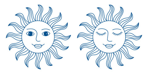 Blue abstract sun faces with open and closed eyes. Hand drawn doodle icon vector illustration