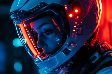 Modern cosmonaut wearing futuristic helmet with neon lighting in sci fi environment, science fiction concept, generative ai