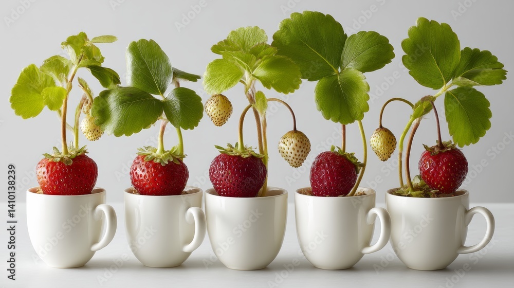Poster row of white cups with strawberries in them. the cups are arranged in a row and the strawberries are