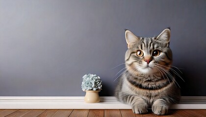  Curious Cat Sitting Indoors with Grey Wall.