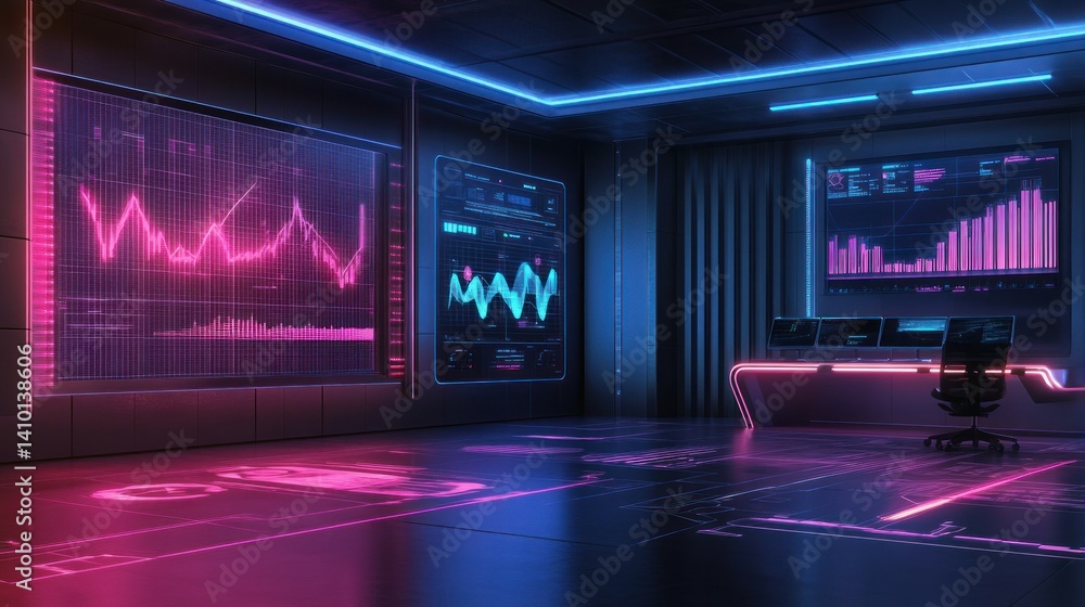Poster futuristic control room with data visualizations and screens