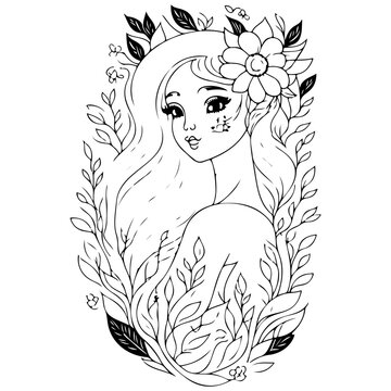 recommend clip art: Floral-framed Maiden with Flower Crown Outline Art