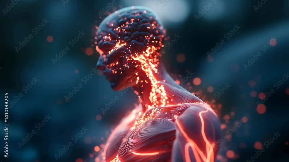 Poster a translucent figure with a glowing brain and illuminated veins, surrounded by a mystical atmosphere