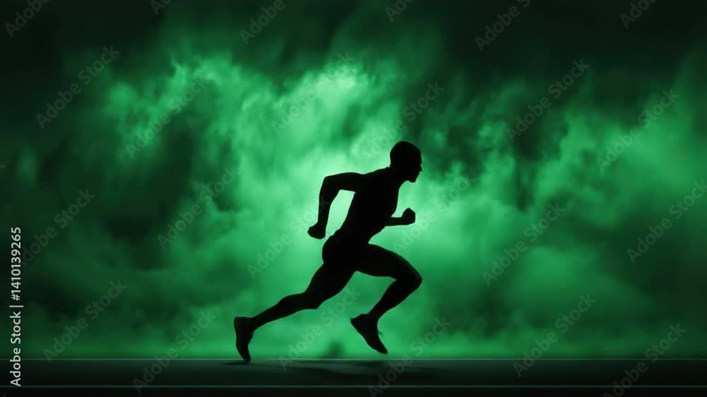 Aufkleber silhouette of a male athlete in a dynamic running pose against a green abstract background with wisp