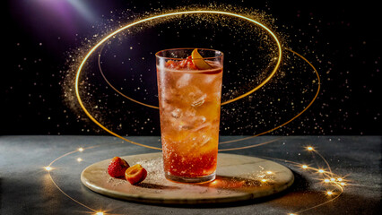 Cold Peach Drink Rotating Inside a Cosmic Light Halo