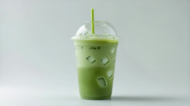 A plastic cup containing iced matcha latte or green tea placed on a white background.