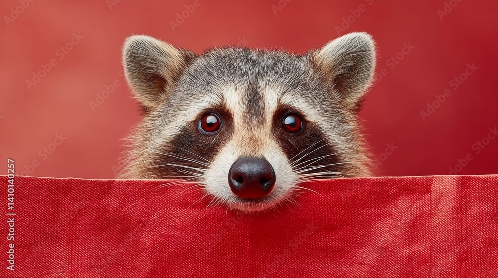 Poster raccoon is peeking out from behind a red cloth. the image has a playful and curious mood, as the rac