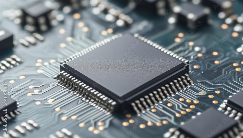 Poster futuristic ai chip on circuit board ideal for cutting-edge technology artwork and responsive web des