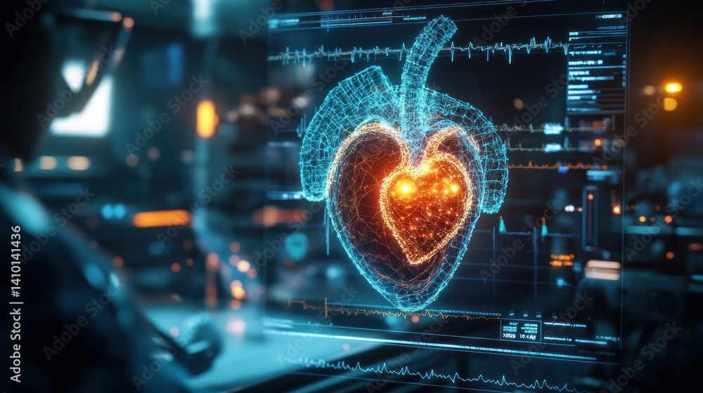 Poster digital visualization of a glowing heart monitor display