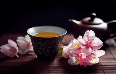 Japanisches Teezeremonie, mit Kirschblüten, Kyusu und Gaiwan