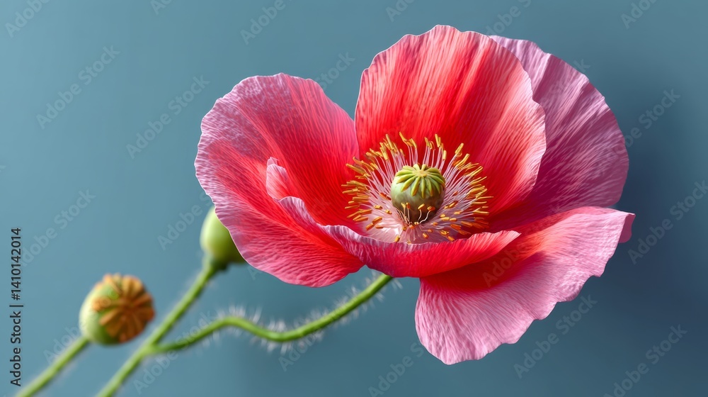Poster red flower with a green stem. the flower is in the center of the image and is surrounded by a blue b