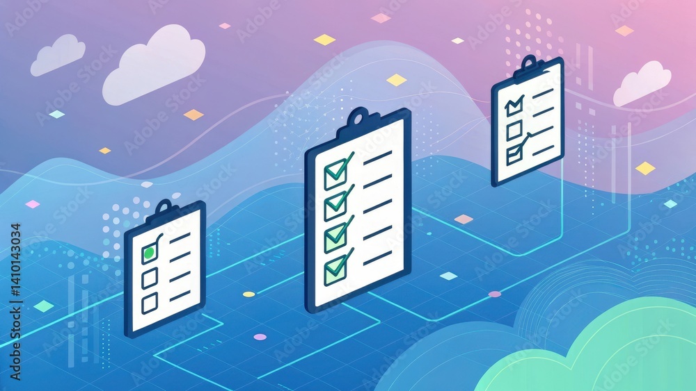 Poster digital illustration showcasing checklists and clouds, symbolizing task management and productivity 