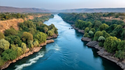 Fototapeta premium River with a green forest on either side. The water is calm and clear. The sky is blue and the sun is setting