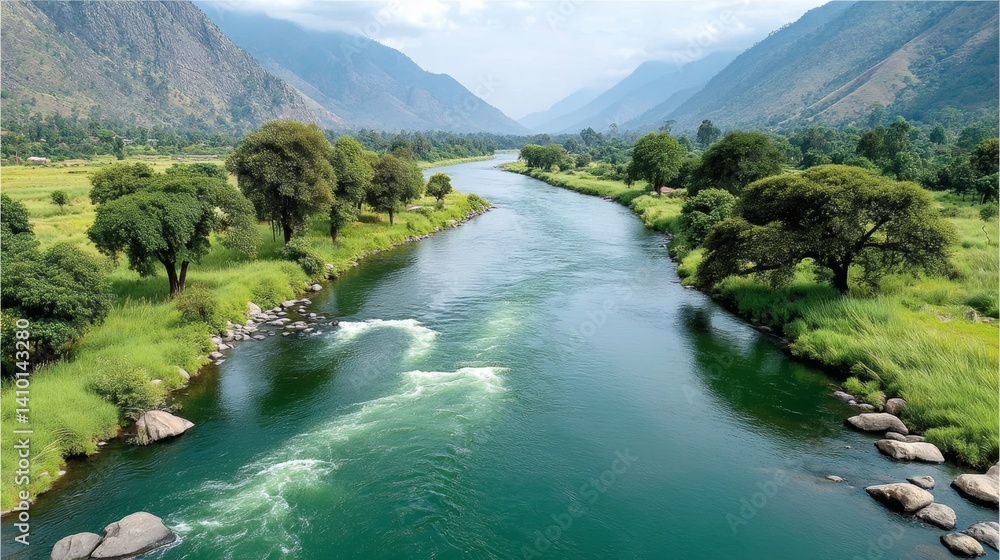 Poster river with a green color and trees on both sides. the river is flowing through a valley with mountai