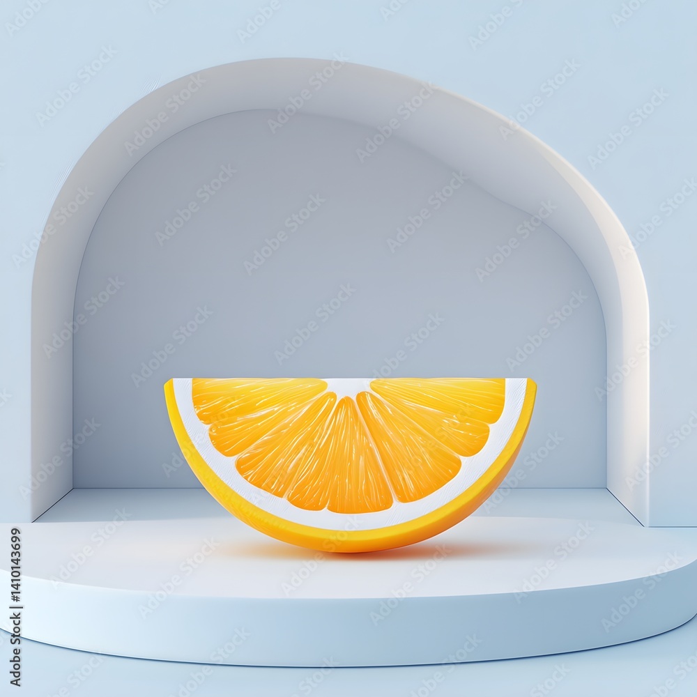 Poster a single slice of orange rests on a minimalist blue platform against a light background. minimalist 
