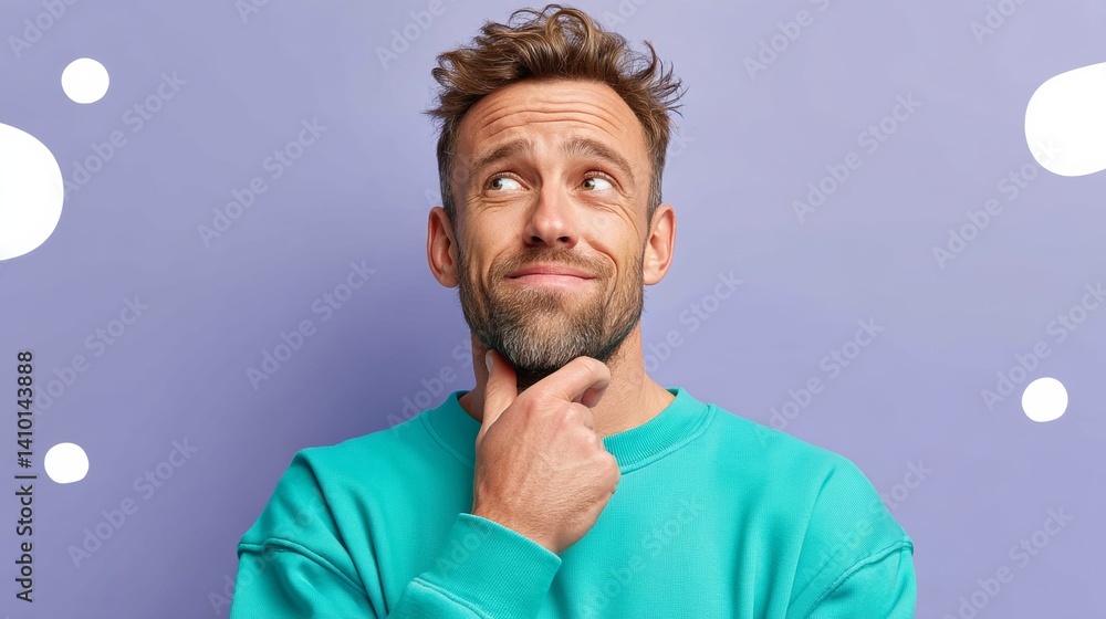 Poster man with a beard and a green shirt is looking at the camera with a puzzled expression. he is wearing