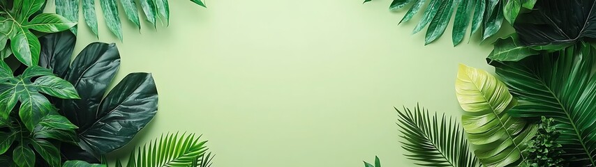 Tropical Leaves on Light Green Background