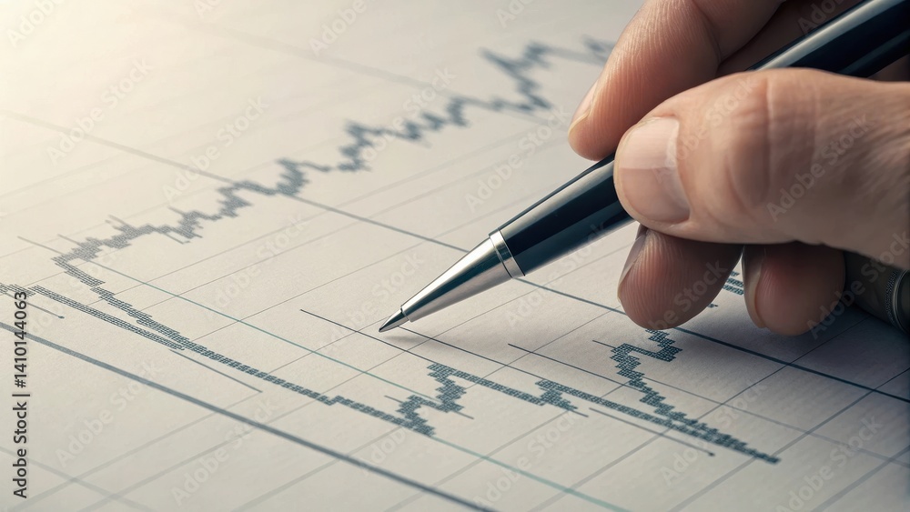 Poster a close-up of a hand holding a pen, analyzing a financial chart with fluctuating lines on a graph pa