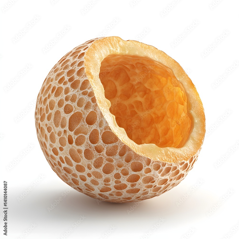 Poster Close-up view of a unique sphere with a honeycomb-like texture, partially broken to show its inside. A single sliced logan fruit