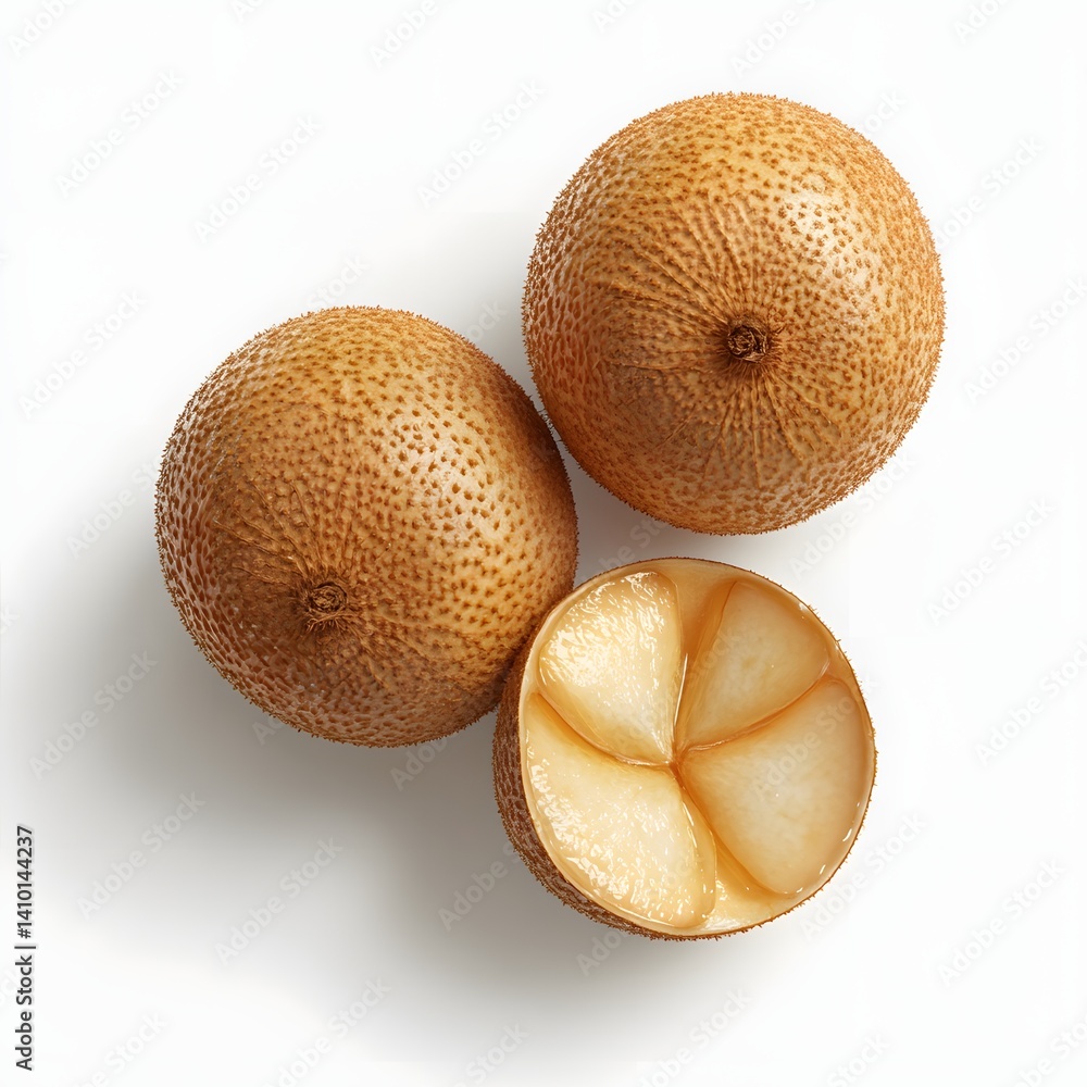 Aufkleber three whole and one sliced brown fruits on a white backdrop. high-quality photo showcasing its textu