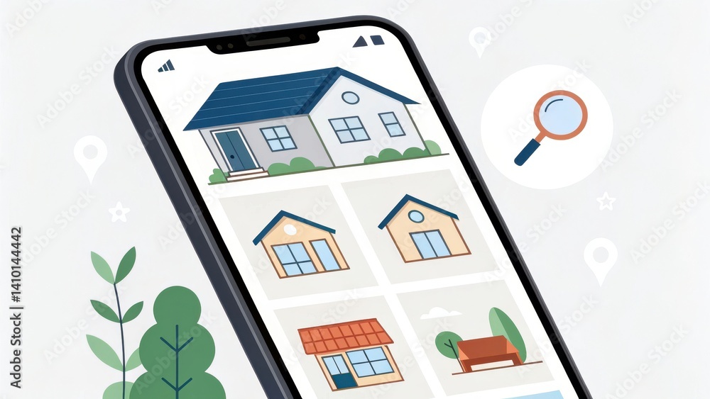 Poster a smartphone displays various house illustrations, emphasizing architecture and design options with 