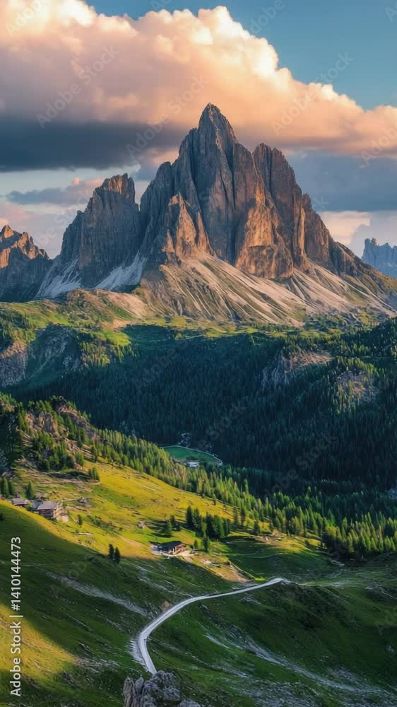Poster a scenic view of a mountain range with a winding road leading to the top, suitable for use as a back