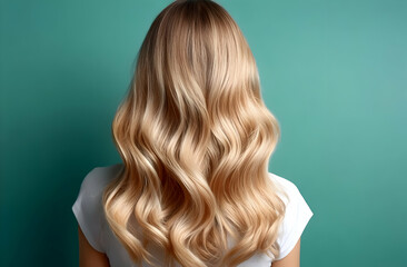 Naklejka premium A beautiful woman with long, wavy blonde hair stands against a vibrant teal backdrop, showcasing the elegance of natural hair textures and styles.