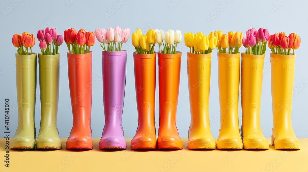 Poster row of colorful rain boots with flowers in them. the boots are arranged in a line, with each one a d